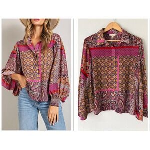 Ee:some Womens Boho Paisley Patchwork Blouse L Smocked Balloon Sleeve Festival